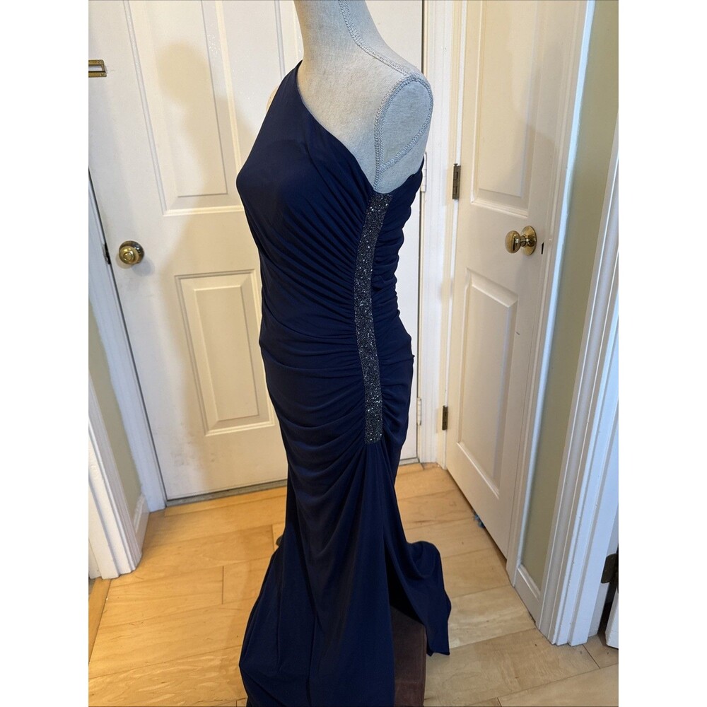 NAVY BLUE BEAUTY Laundry By Shelli Segal Long Spandex One Shoulder Gown Size 10 - Picture 2 of 8